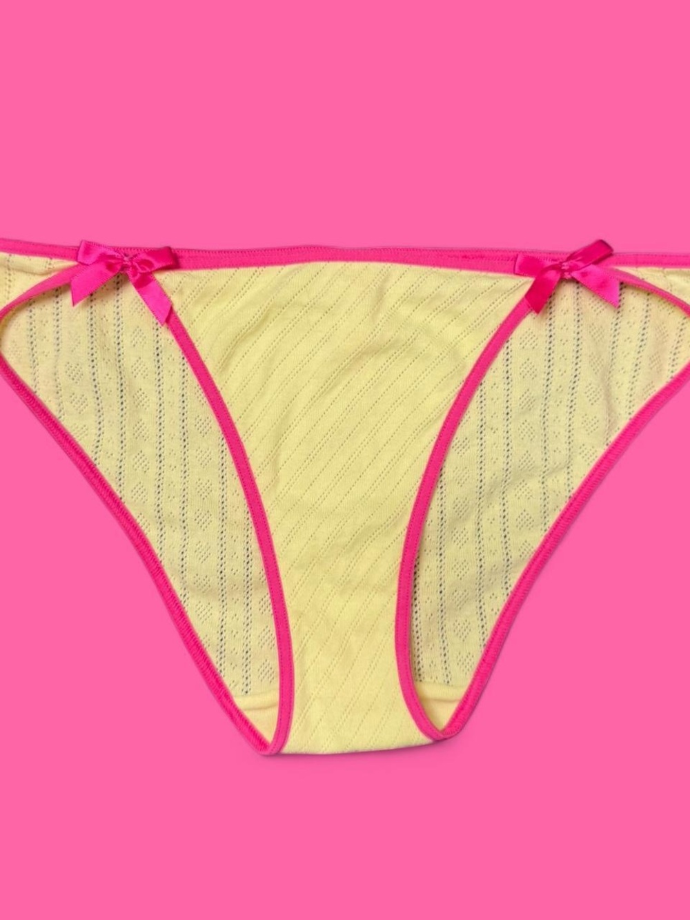 y2k! yellow & hot pink bows pointelle knit cheeky bikini panties!